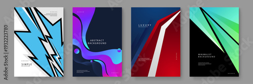 Collection of four stylish abstract backgrounds featuring geometric lightning shapes fluid liquid waves and sharp diagonal lines for professional branding