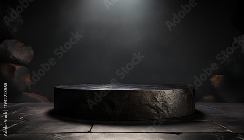 3d rendering dark textured black stone podium with a rough surface and dramatic spotlight on a grungy background