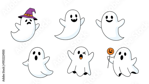 Collection of cute cartoon ghosts with different expressions including happy, spooky, winking, and holding a pumpkin lollipop.