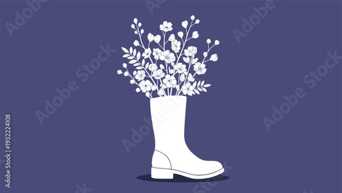 Elegant white line art illustration of a bouquet of wildflowers blooming inside a tall rubber rain boot on a solid dark background.