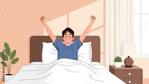 Young man stretching his arms and smiling while waking up in a bright and cozy bedroom with a plant and bedside lamp.