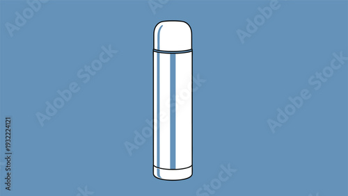 Sleek white vacuum insulated thermos bottle for hot or cold drinks isolated on a solid calm blue background in a flat design.