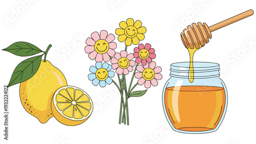 Bright and cheerful illustration of fresh lemons, a bouquet of smiling colorful daisies, and a glass jar of sweet golden honey.