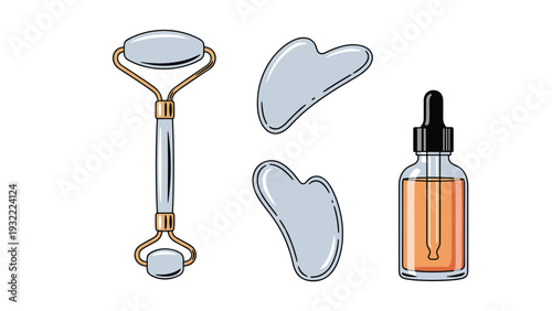 Essential beauty and skin care set featuring a jade roller, two gua sha stones, and a dropper bottle of orange facial oil.