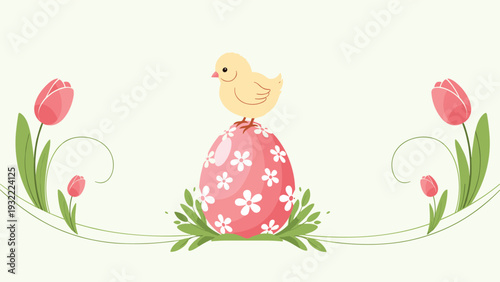 Cute yellow chick standing on a pink decorated easter egg surrounded by spring tulips and green leaves in a soft pastel design.