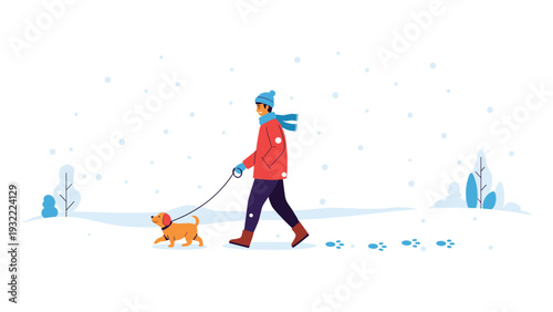 Cheerful man in winter clothes walking his small brown dog through a snowy landscape with falling snowflakes and paw prints.