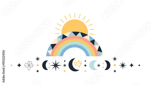 Mystical and bohemian horizontal composition featuring a bright sun, a colorful rainbow, and various lunar phases with stars.