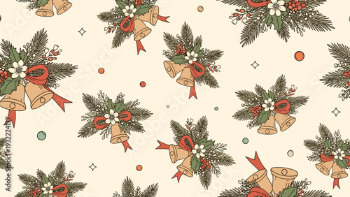 Vintage style christmas seamless pattern featuring golden bells with red bows, pine branches, and white flowers on a cream background.