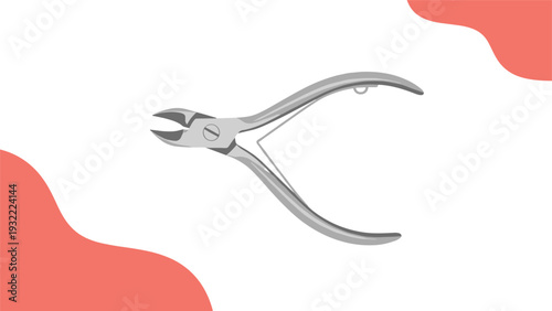 High quality stainless steel nail nippers for manicure and pedicure isolated on a white background with red abstract shapes.