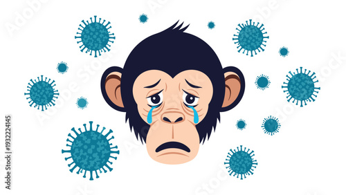 Sad and crying monkey character surrounded by blue coronavirus symbols representing illness or health concerns in a cartoon style.