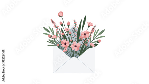Romantic illustration of a bouquet of pink and purple wildflowers overflowing from an open white envelope in a soft artistic style.