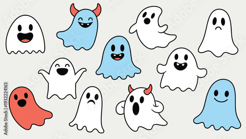 Playful collection of ghosts with different expressions including happy, spooky, winking, and some with red devil horns.