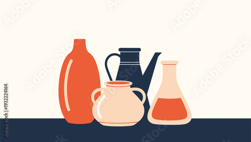 Collection of various pottery jars, vases, and a pitcher in earthy tones of terracotta, beige, and navy on a clean background.