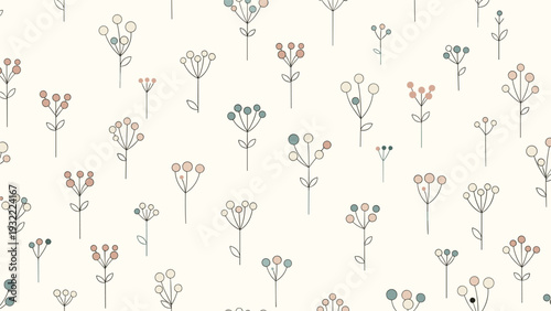 Soft and delicate seamless pattern of small stylized flowers and plants in pastel tones of pink, blue, and brown on cream.