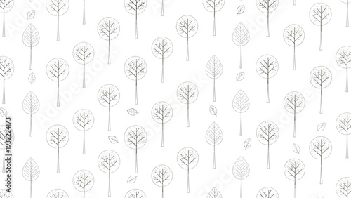 Elegant minimalist seamless pattern featuring black and white line art trees and leaves in a clean and modern scandinavian style.