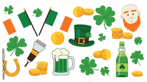 Vibrant collection of Saint Patrick's Day icons including clover leaves, leprechaun hat, gold coins, beer, and Irish flag.