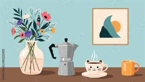 Cozy breakfast scene with a vase of colorful flowers, a moka pot, and a cute cat-faced cup of coffee on a wooden table.