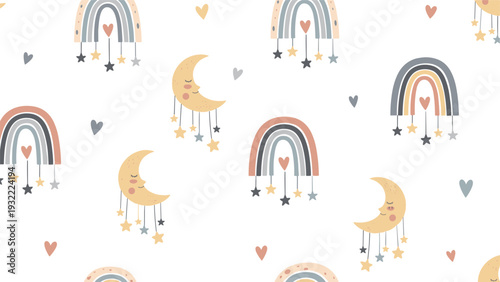 Whimsical bohemian seamless pattern featuring hanging rainbows, crescent moons, and stars in soft muted tones on white.