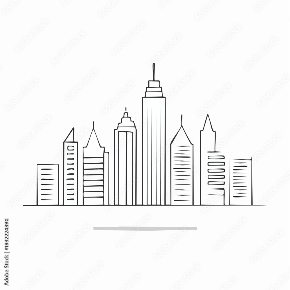 Fototapeta premium Minimalist hand-drawn city skyline illustration depicting modern urban architecture in a simple line art style