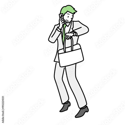 電話で連絡を入れながら腕時計を見て焦るスーツ姿のビジネスマン｜遅刻の報告やアポイントメントの再調整を行う様子を描いたビジネスイラスト