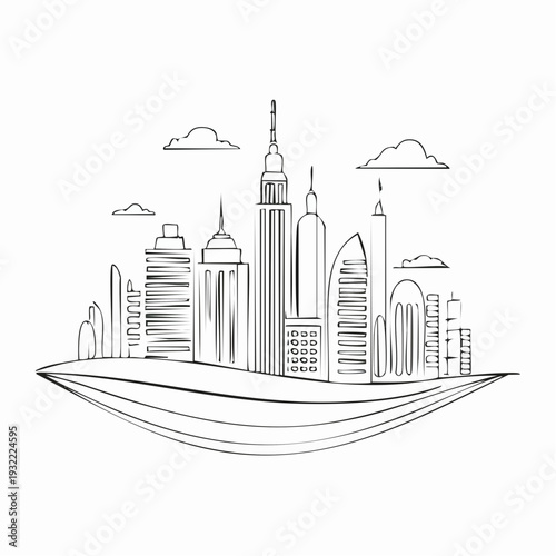 Elegant line art drawing of a modern city skyline with skyscrapers and clouds, depicting urban growth