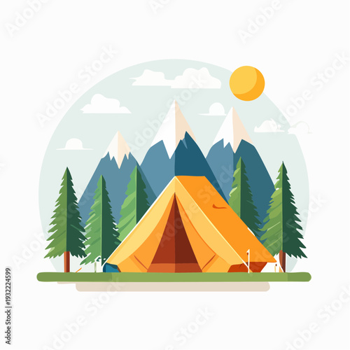 Vibrant Orange Tent Amidst Pine Trees and Snowy Mountains Under a Sunny Sky