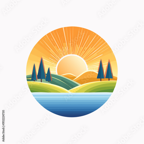 Vibrant Sunrise over Tranquil Lake and Rolling Hills Landscape Icon Design