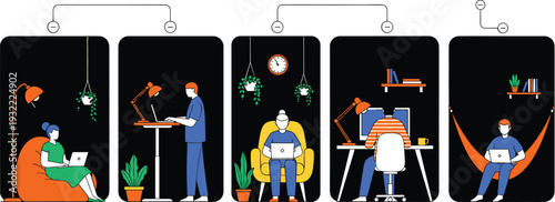 People working on laptops in different home office settings including bean bag chair standing desk armchair and hammock