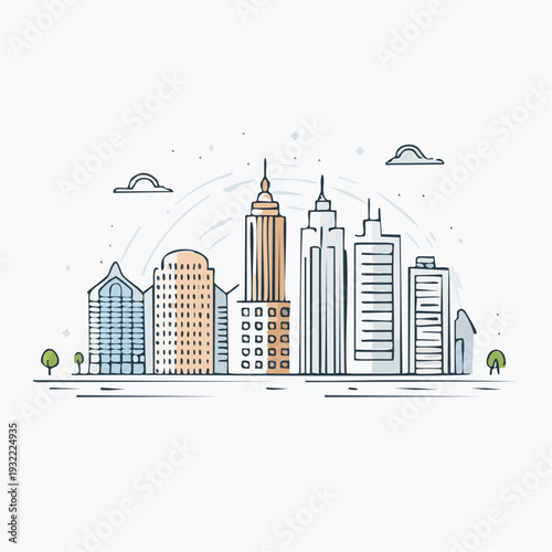 Modern city skyline outline illustration with colorful buildings and a playful hand-drawn doodle style