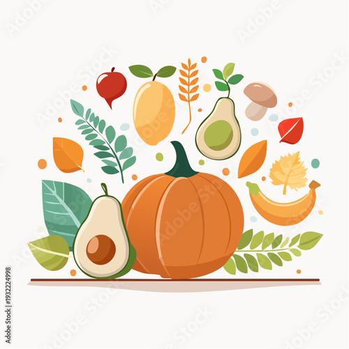 Vibrant Harvest Medley An Abundant Collection of Fresh Autumn Fruits, Vegetables, and Foliage Elements