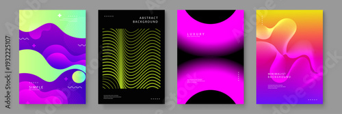 Professional set of four abstract backgrounds featuring vibrant liquid shapes and wavy line patterns for modern graphic design