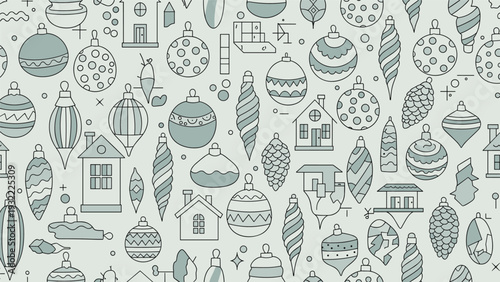 Intricate seamless pattern of various Christmas ornaments and winter houses in a clean teal and grey line art style.