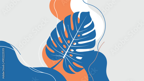 Modern art print featuring a large blue monstera leaf silhouette over flowing orange and blue abstract organic shapes.