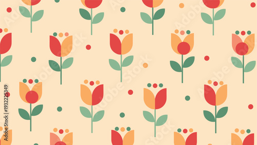Charming seamless pattern featuring stylized colorful tulips and small dots in a repetitive warm color palette design.