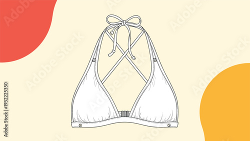 Fashion sketch of a halter neck bikini top shown over a simple background of red and yellow abstract organic shapes.