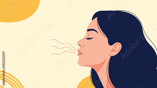Serene side profile illustration of a young woman with eyes closed gently breathing air on a soft yellow background.