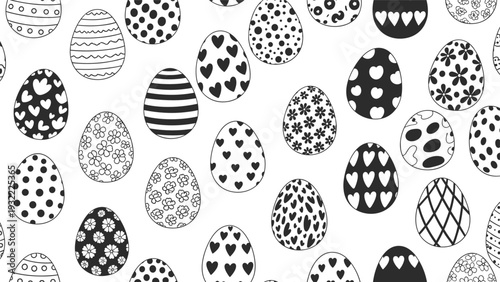 Simple black and white seamless pattern featuring numerous Easter eggs decorated with dots stripes hearts and flowers.