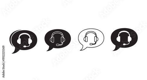 Black and White Chat Support Icon Set, 4 Speech Bubble with Headset Styles - Rounded, Solid, Outline, Modern Filled