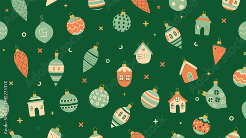 Vibrant seamless Christmas pattern featuring various festive ornaments and small winter houses on a dark green background.