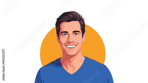 Realistic digital portrait of a handsome young man with a friendly smile wearing a blue shirt against an orange circle.