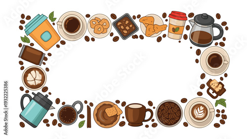 Comprehensive coffee and breakfast border featuring various cups pots beans pastries and sweets surrounding a white space.