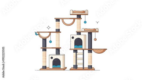 Large and complex modern cat tree featuring several platforms, small houses, scratching posts, ladders, and hanging toys for pets.