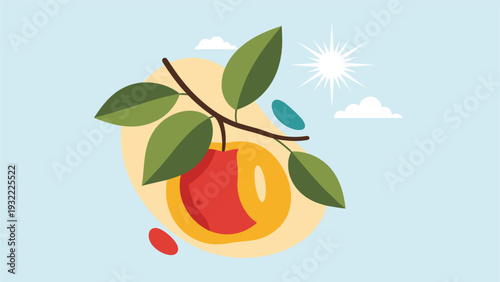 Colorful illustration of a single ripe peach or nectarine hanging from a leafy branch against a blue sky with a bright white sun.
