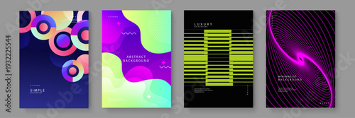 Collection of four abstract posters featuring vibrant geometric shapes and fluid patterns for creative projects