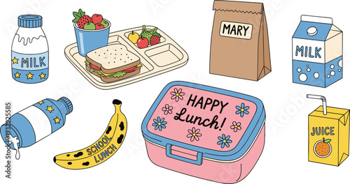 School lunch box set with healthy sandwich fruit tray milk cartons juice box banana and paper bag doodle icons