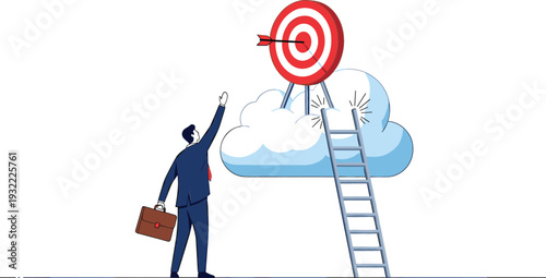 Business metaphor illustration of a businessman reaching for a target on a cloud using a ladder for goals