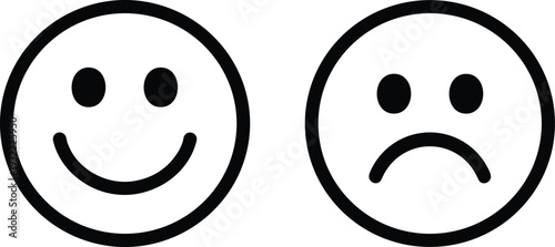 Happy and sad face icons vector, customer feedback concept, satisfaction rating symbols, smiley and unhappy emoji, minimal outline design