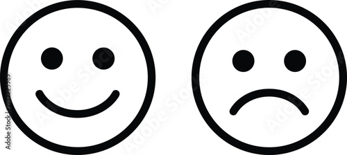 Happy and sad face icons vector, emotion feedback symbols, smiley and unhappy expressions, rating concept, minimal outline design illustration
