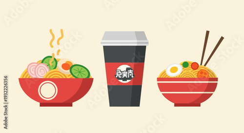 Delicious asian noodles in bowls with beverage isolated on cream background