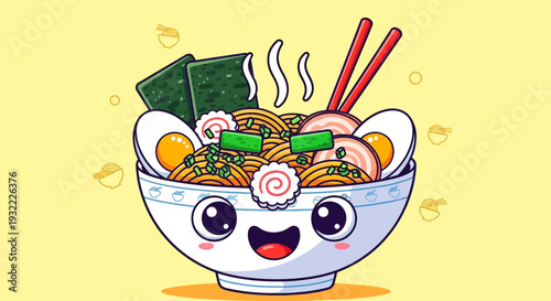 Cartoon ramen bowl with smiling face and chopsticks on yellow background